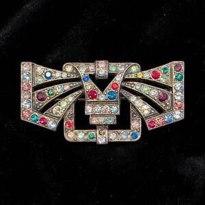 Art Deco Rhinestone Brooch Czech Glass Multicolor Stones Trombone Clasp 1920s